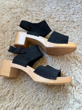 Bryr Emma Black Suede Sandal Clog - mid heel